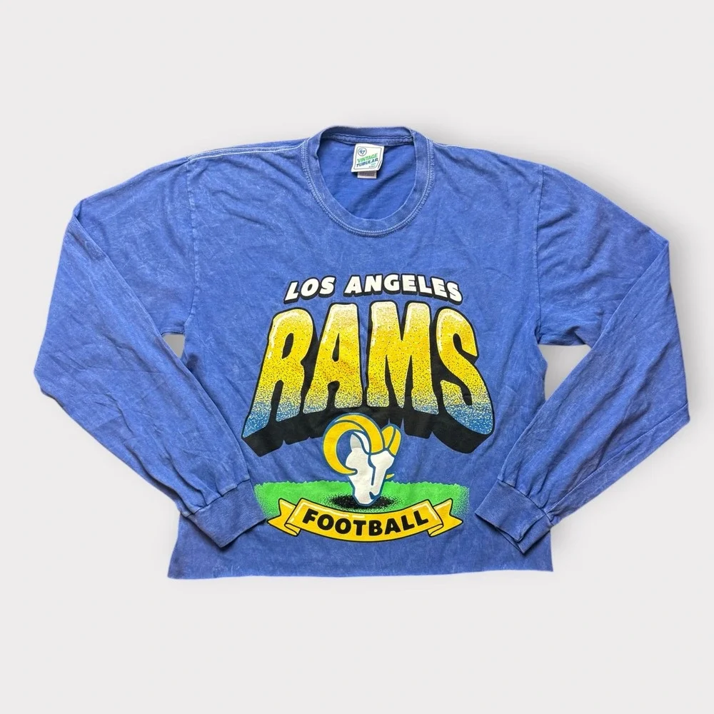 47 Brand Los Angeles Rams Long Sleeve Graphic T-Shirt Blue Mineral Wash Crop Med - Picture 1 of 8